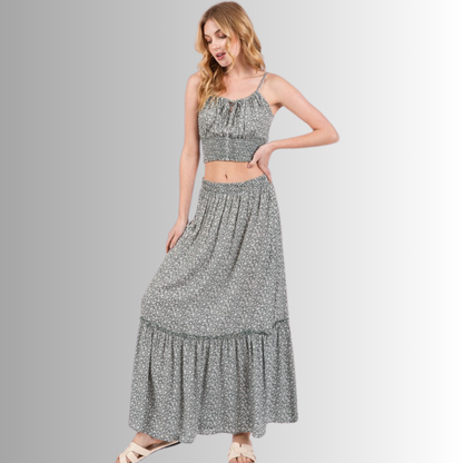 Pine Dove Sage Ditsy Floral Maxi Skirt Made in USA