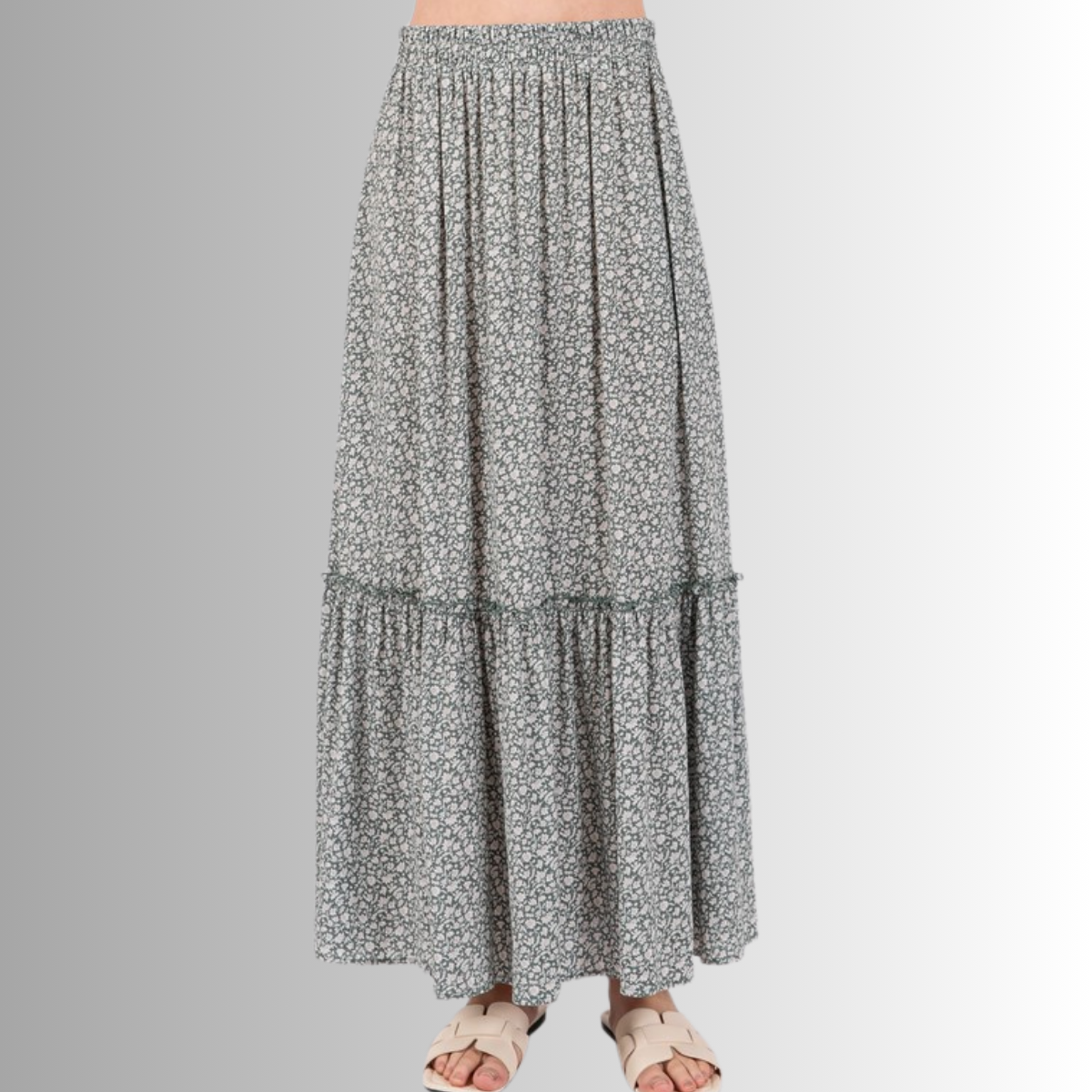 Pine Dove Sage Ditsy Floral Maxi Skirt Made in USA