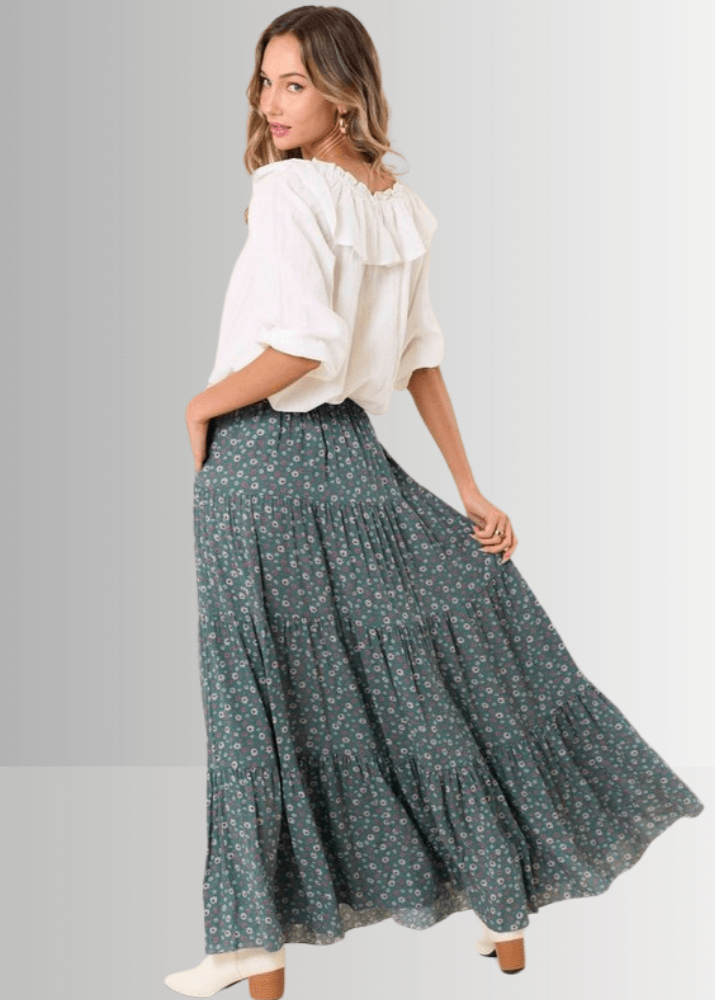 Elizabeth Agave Floral Tiered Maxi Skirt