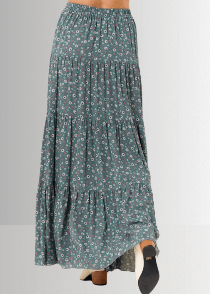 Elizabeth Agave Floral Tiered Maxi Skirt