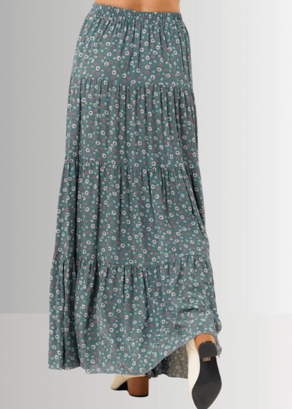 Elizabeth Agave Floral Tiered Maxi Skirt
