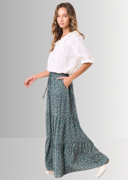 Elizabeth Agave Floral Tiered Maxi Skirt