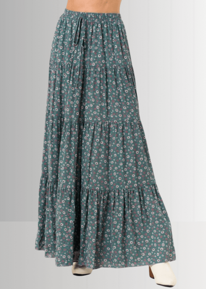 Elizabeth Agave Floral Tiered Maxi Skirt