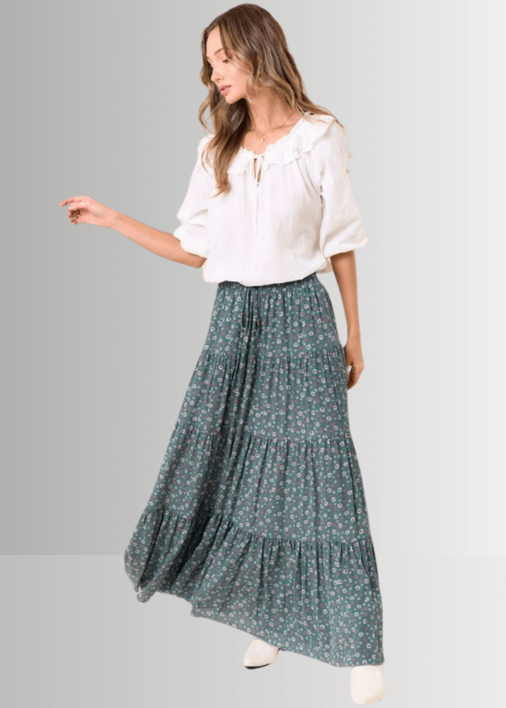 Elizabeth Agave Floral Tiered Maxi Skirt