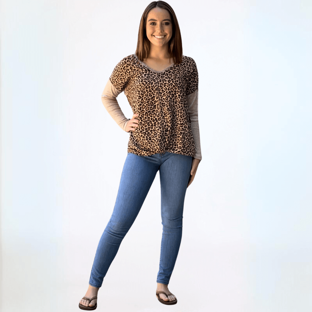 Double V-Neck Animal Print Knot Front Top