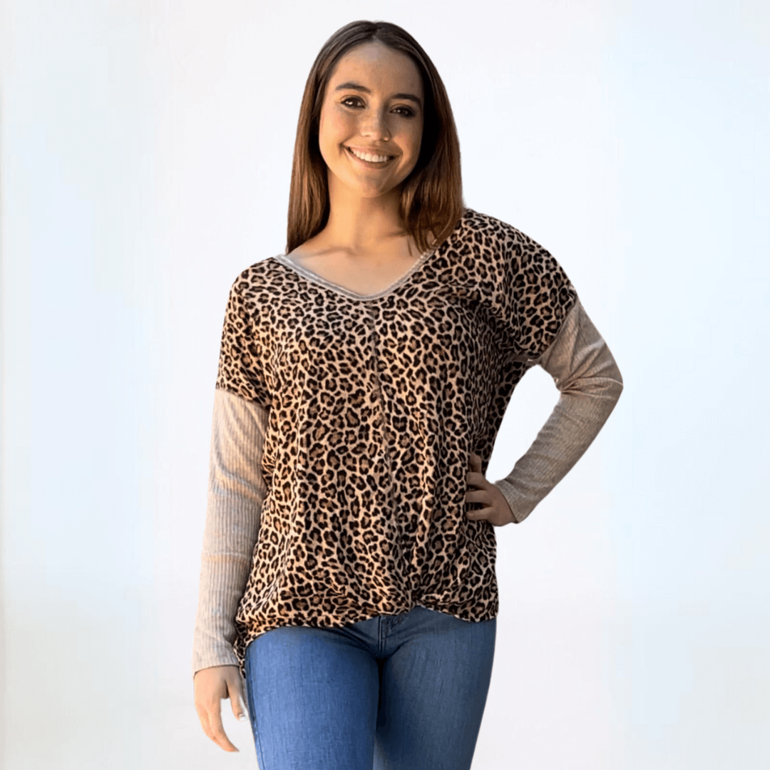 Double V-Neck Animal Print Knot Front Top