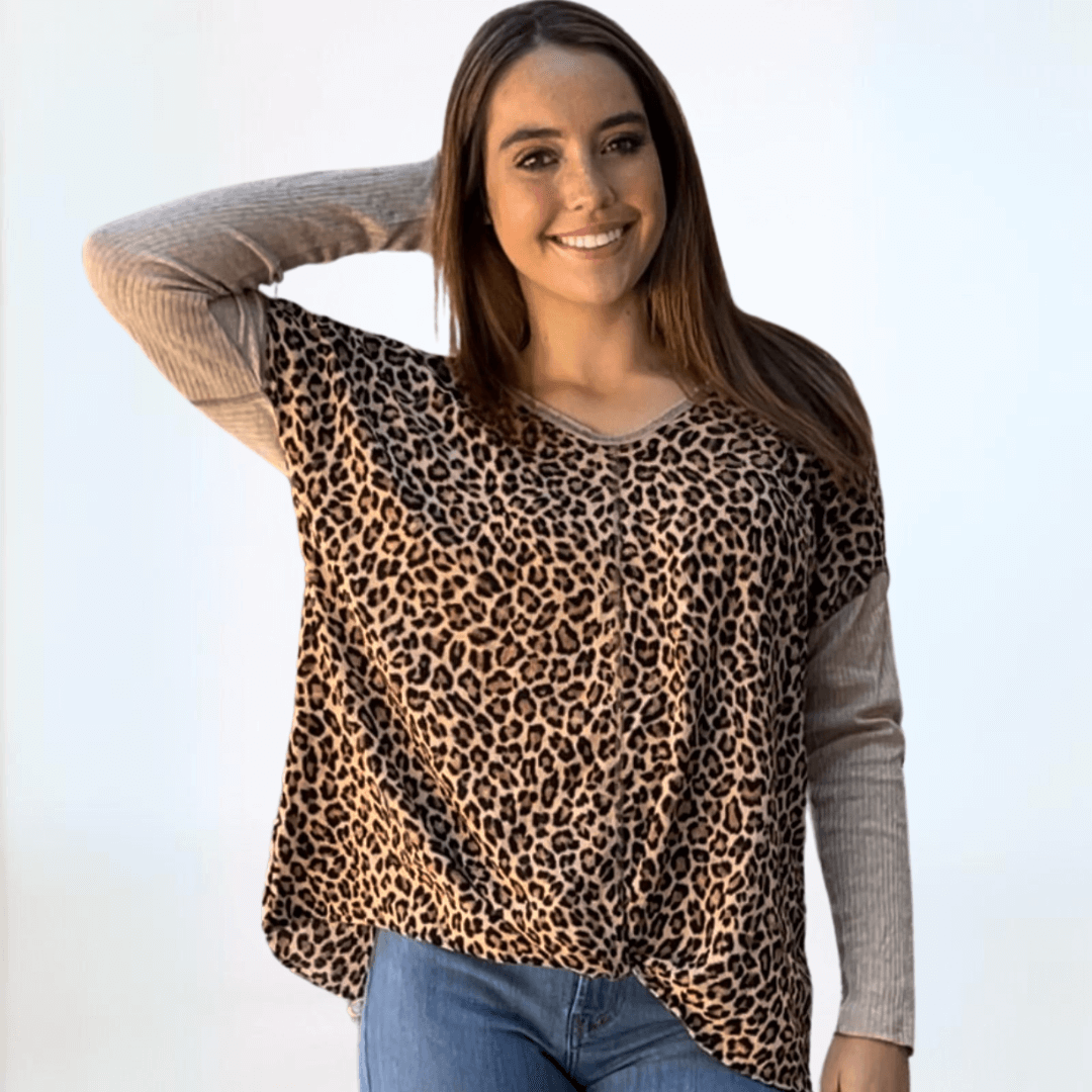 Double V-Neck Animal Print Knot Front Top