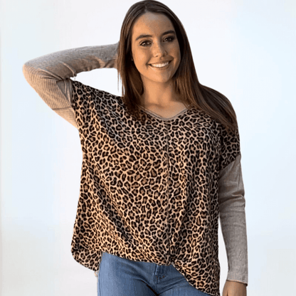 Double V-Neck Animal Print Knot Front Top