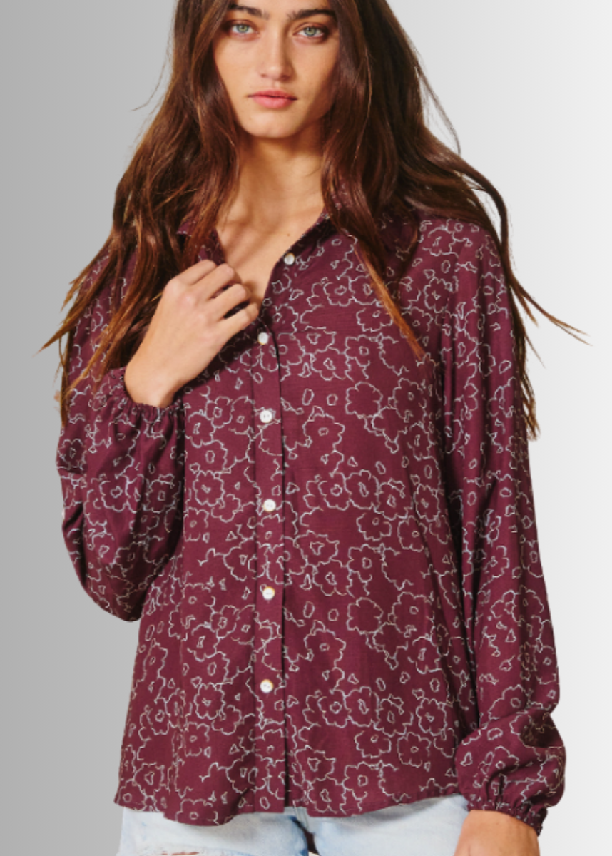 Olivia Button Down Floral Print Blouse in Raisin