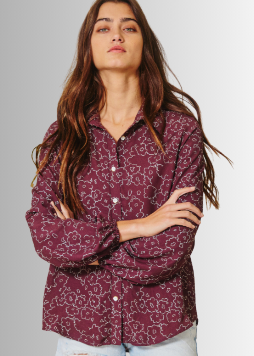 Olivia Button Down Floral Print Blouse in Raisin