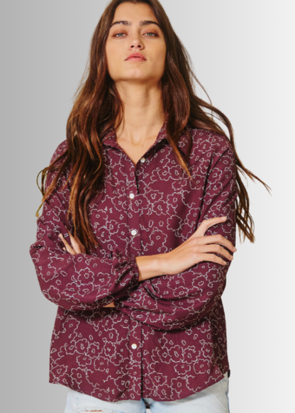 Olivia Button Down Floral Print Blouse in Raisin