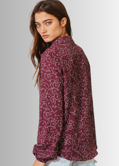 Olivia Button Down Floral Print Blouse in Raisin
