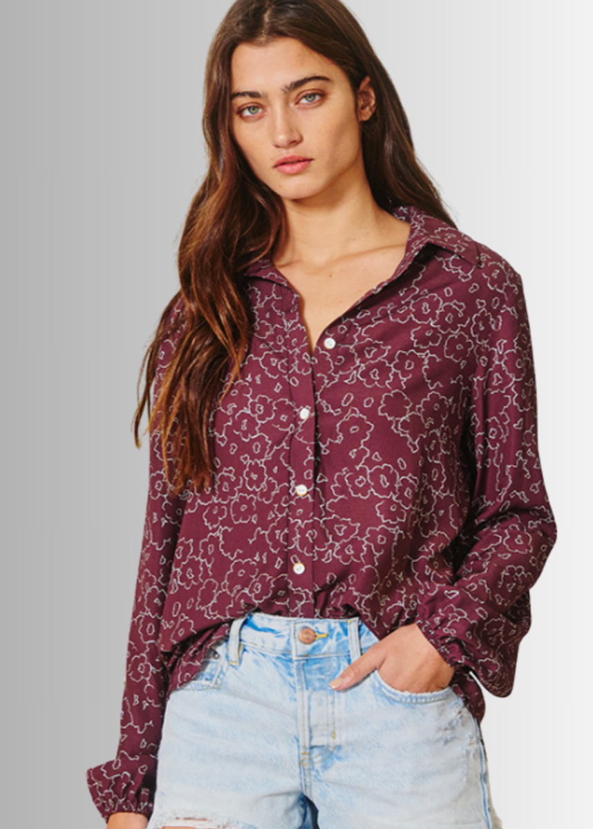 Olivia Button Down Floral Print Blouse in Raisin