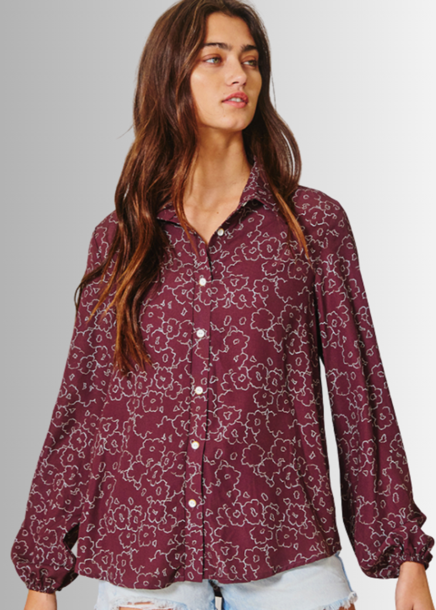 Olivia Button Down Floral Print Blouse in Raisin