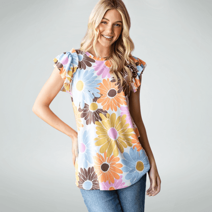 Flutter Sleeve Big Daisies Colorful Top Made in USA
