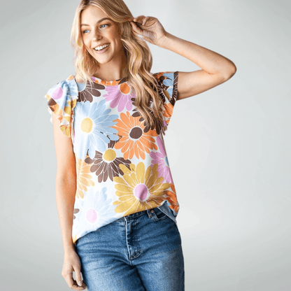 Flutter Sleeve Big Daisies Colorful Top Made in USA