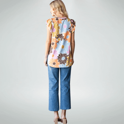Flutter Sleeve Big Daisies Colorful Top Made in USA