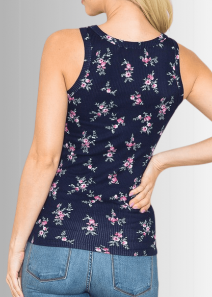 Becca Floral Rib Knit Tank Top Made in USA