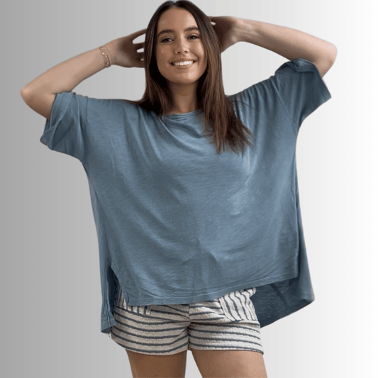 Aubree Cotton Garment Dyed Slub Top in Light Steel Blue