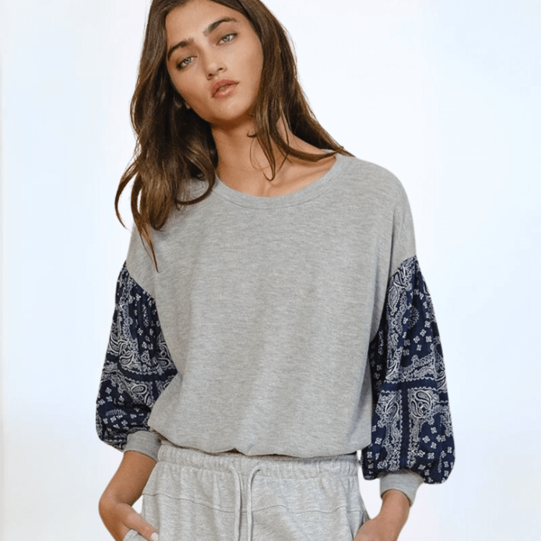 Color Block Paisley Sleeve Cropped Sweatshirt Made in USA