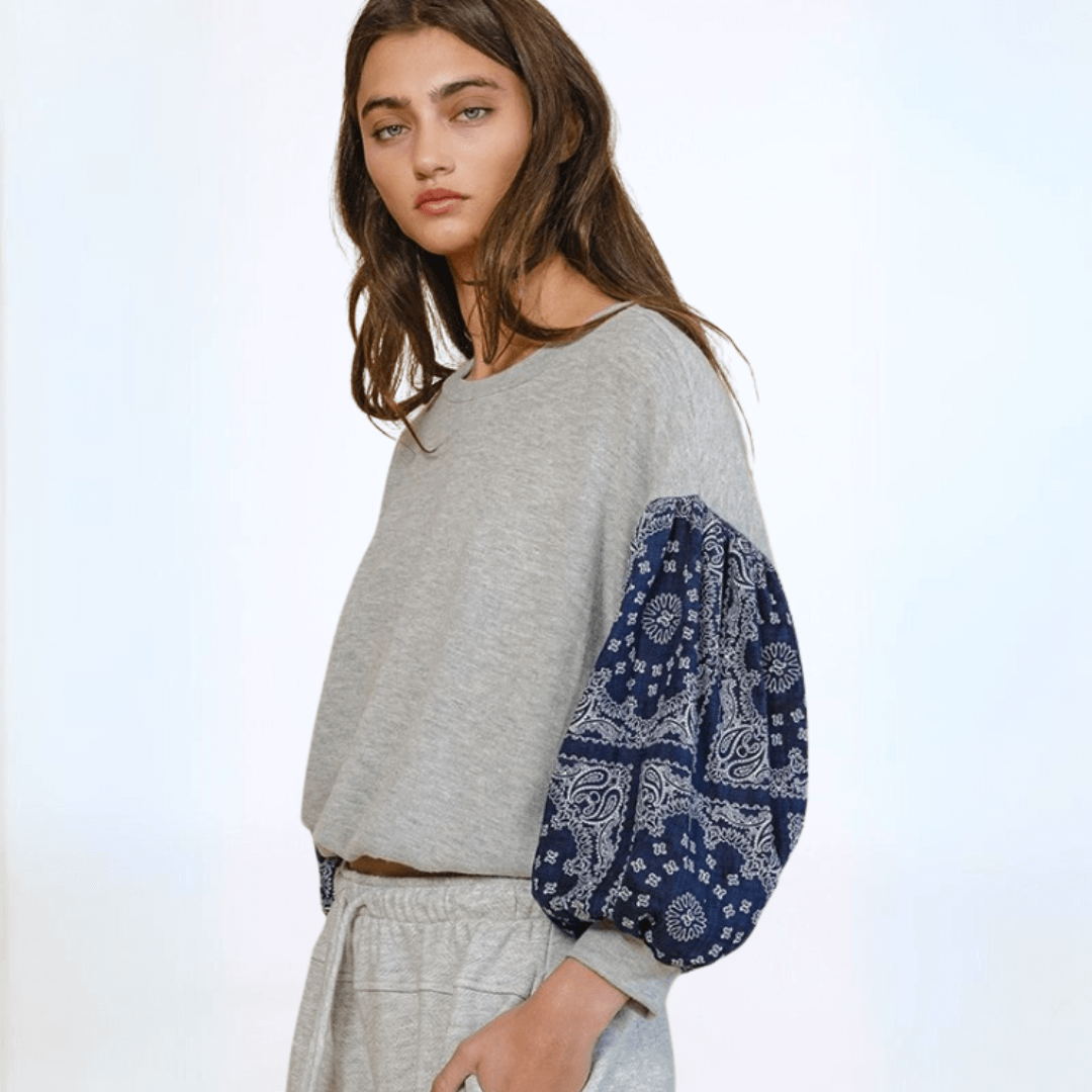 Color Block Paisley Sleeve Cropped Sweatshirt Made in USA
