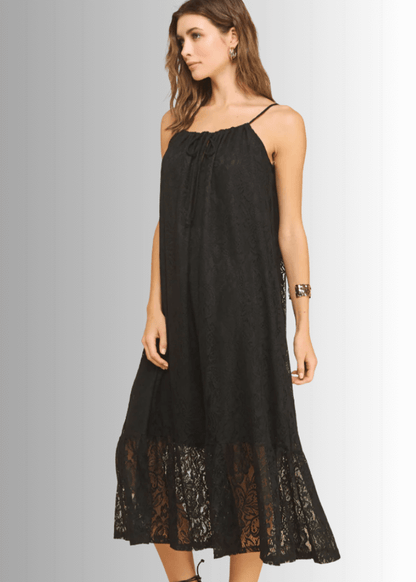 Gianna Lace Front Tie Midi Dress in Black