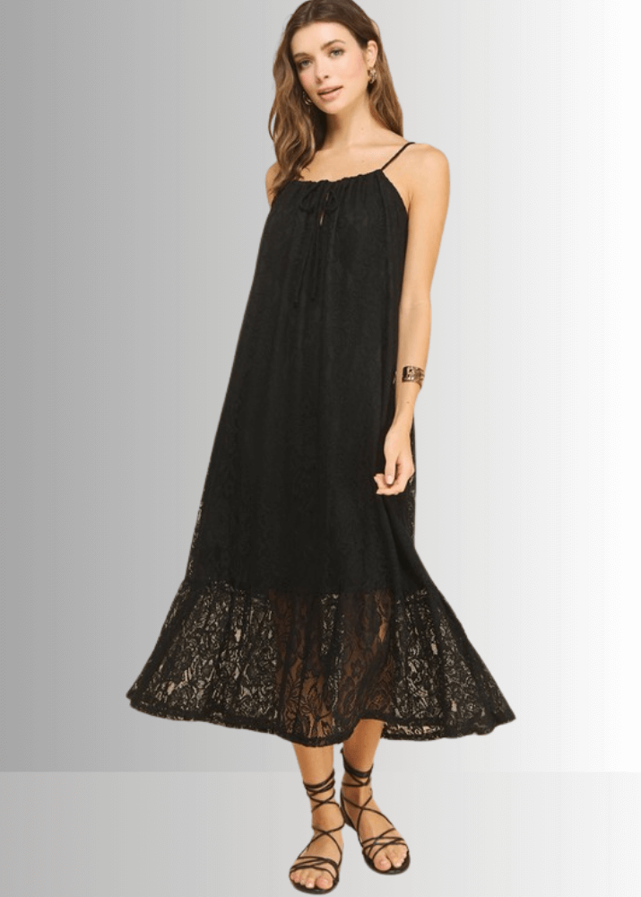 Gianna Lace Front Tie Midi Dress in Black