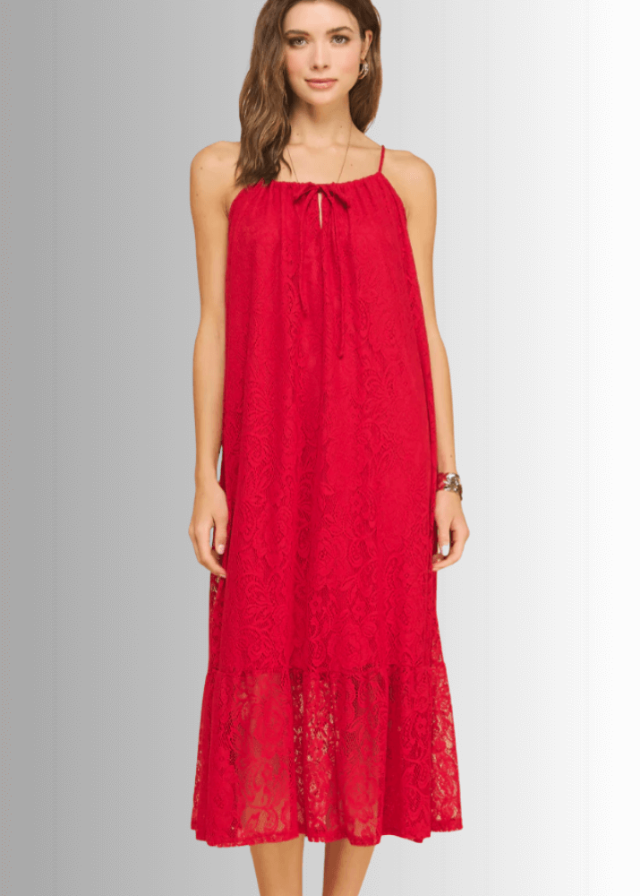 Gianna Lace Front Tie Midi Dress in Red