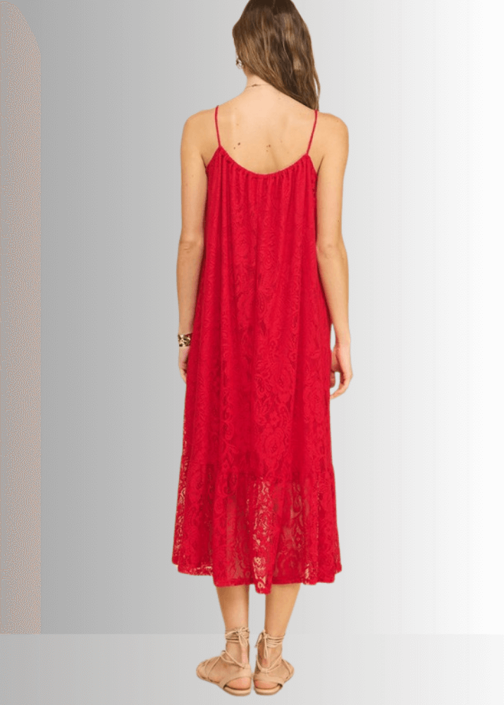 Gianna Lace Front Tie Midi Dress in Red
