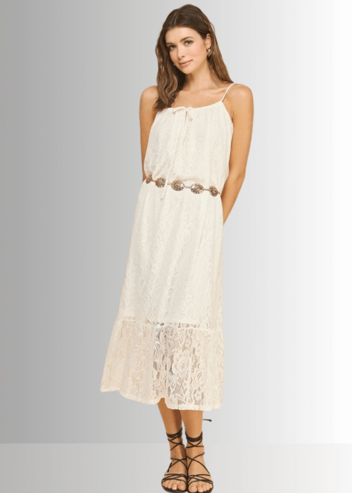 Gianna Lace Front Tie Midi Dress in Ivory