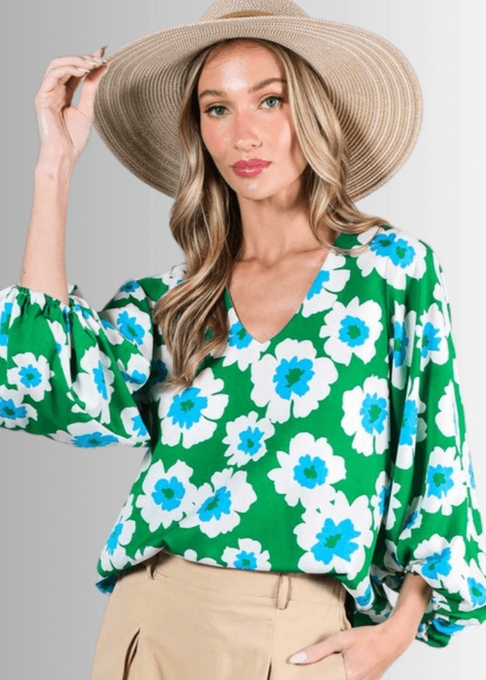 Paulina Puff Sleeve Green Floral Top