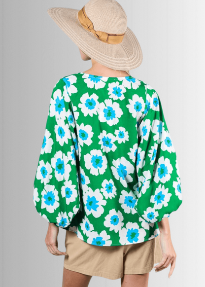 Paulina Puff Sleeve Green Floral Top