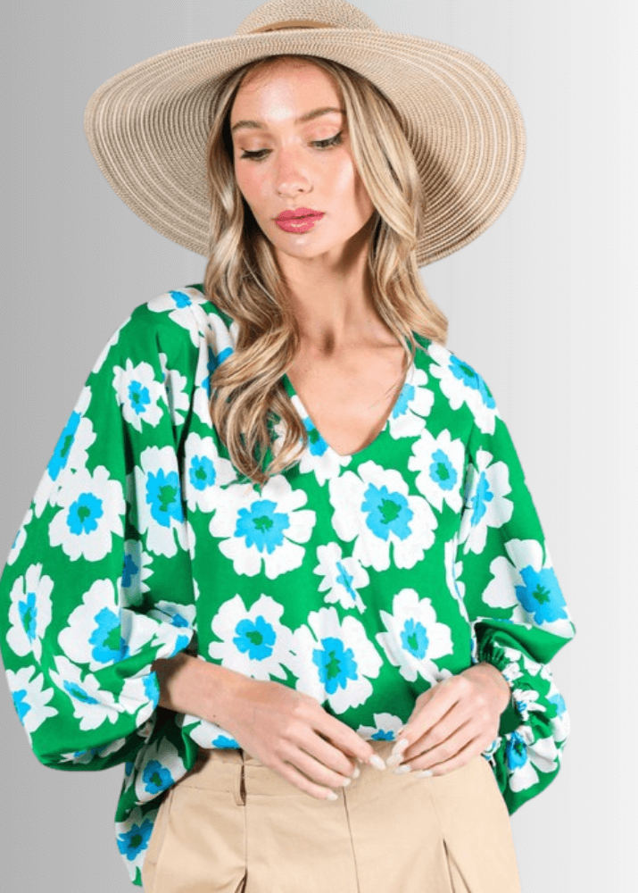 Paulina Puff Sleeve Green Floral Top