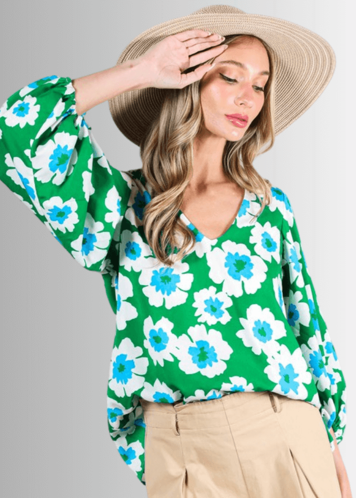 Paulina Puff Sleeve Green Floral Top