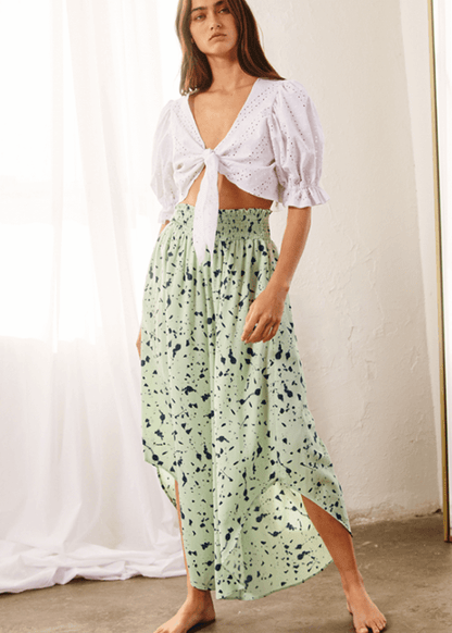 Easy Breezy Smocked Diagonal Cut Gaucho Pants in Lime