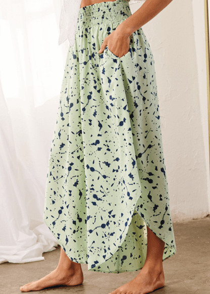 Easy Breezy Smocked Diagonal Cut Gaucho Pants in Lime