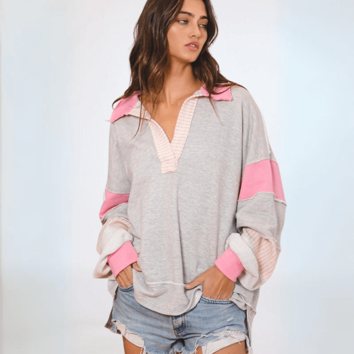 Bucket List Favorite Oversized Sweatshirt in Grey/Pink Made in USA