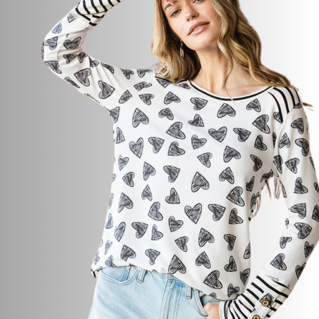 Heart Print Striped Contrast Super Cute Top