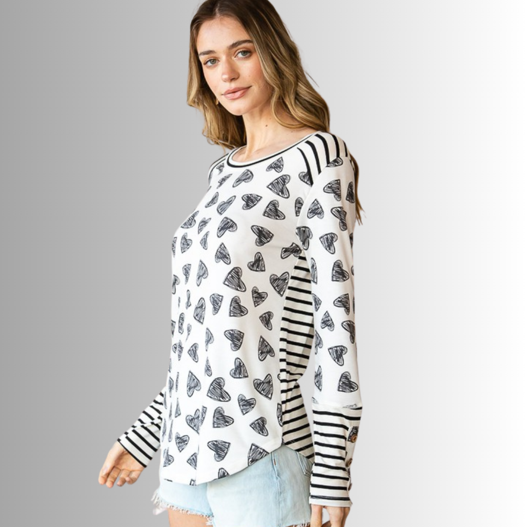 Heart Print Striped Contrast Super Cute Top
