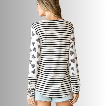 Heart Print Striped Contrast Super Cute Top