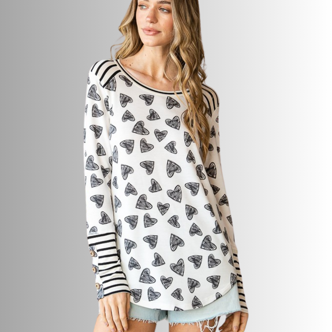 Heart Print Striped Contrast Super Cute Top