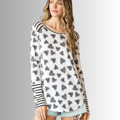 Heart Print Striped Contrast Super Cute Top
