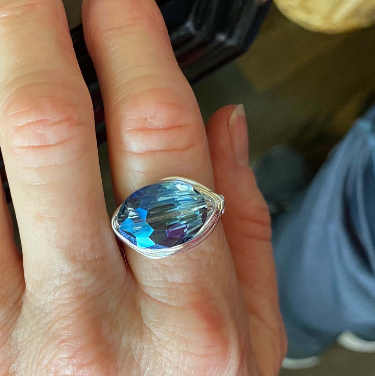 Blue Oval Crystal Ring Hand Crafted in USA
