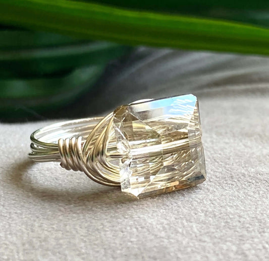Champagne Square Crystal Ring Handmade in USA