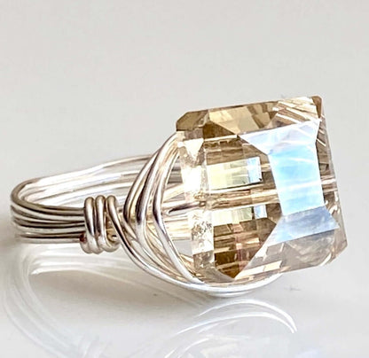 Champagne Square Crystal Ring Handmade in USA