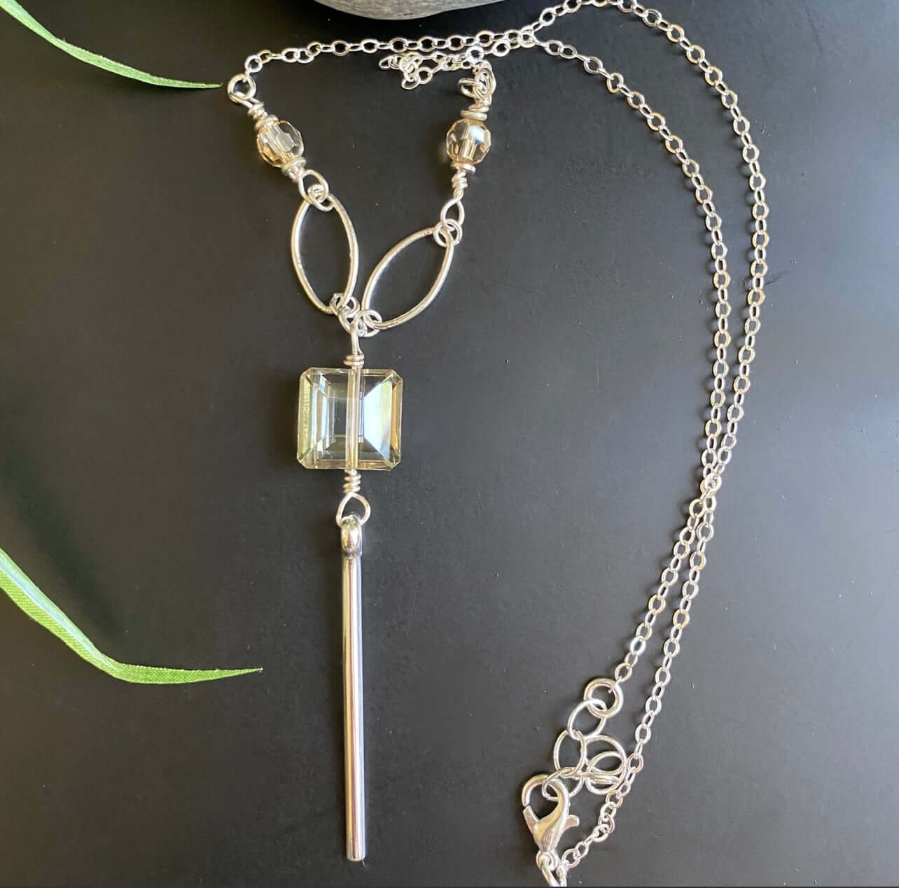 Crystal Drop Bar Necklace Silver Chain Made in USA