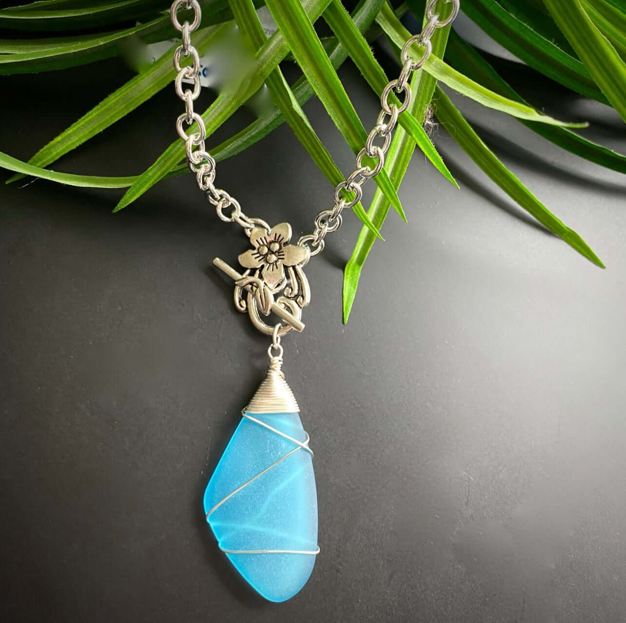Frosted Glass Blue Pendant Necklace Handmade in USA