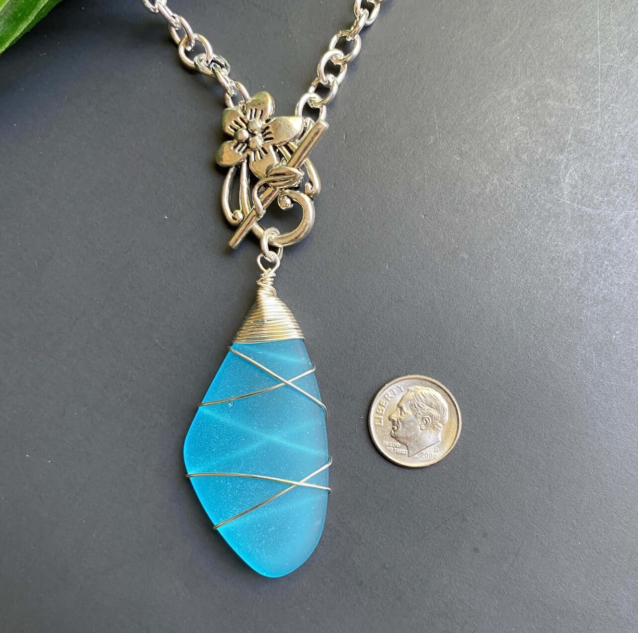Frosted Glass Blue Pendant Necklace Handmade in USA