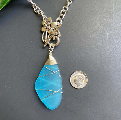 Frosted Glass Blue Pendant Necklace Handmade in USA