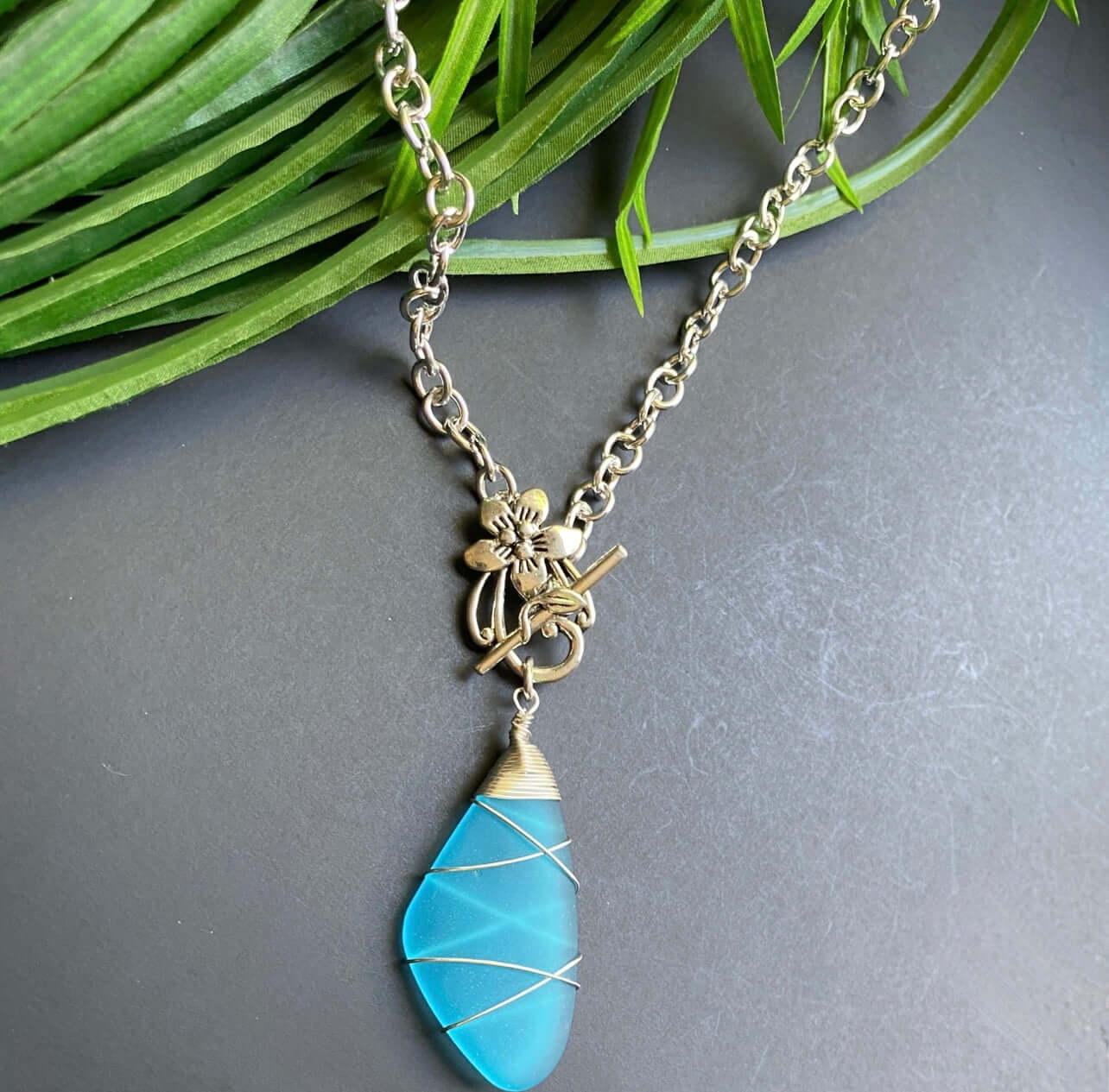 Frosted Glass Blue Pendant Necklace Handmade in USA